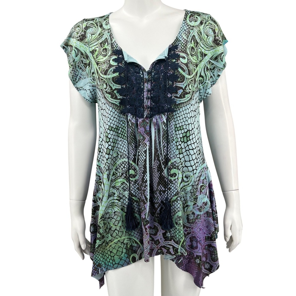 World Unity Top Womens Small Blue Green Boho Tunic Hanky Hem Lace Crochet Y2K‎